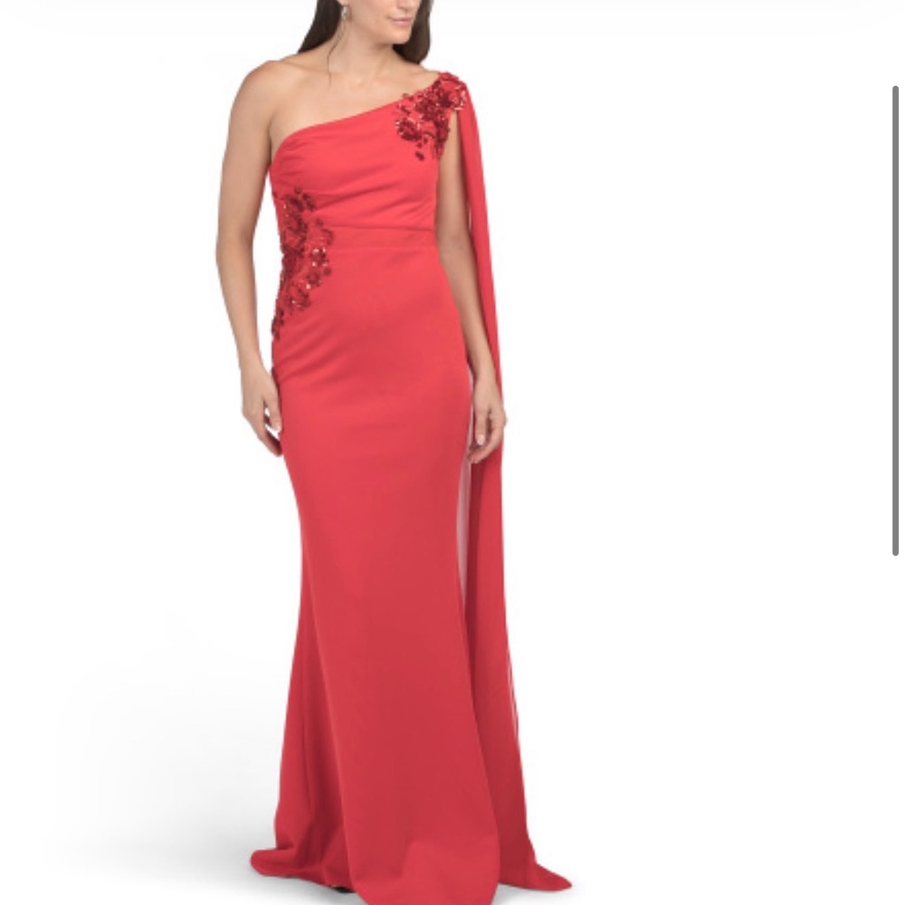 Dalia MacPhee Elegant One-Shoulder Red Dress with Floral Accents